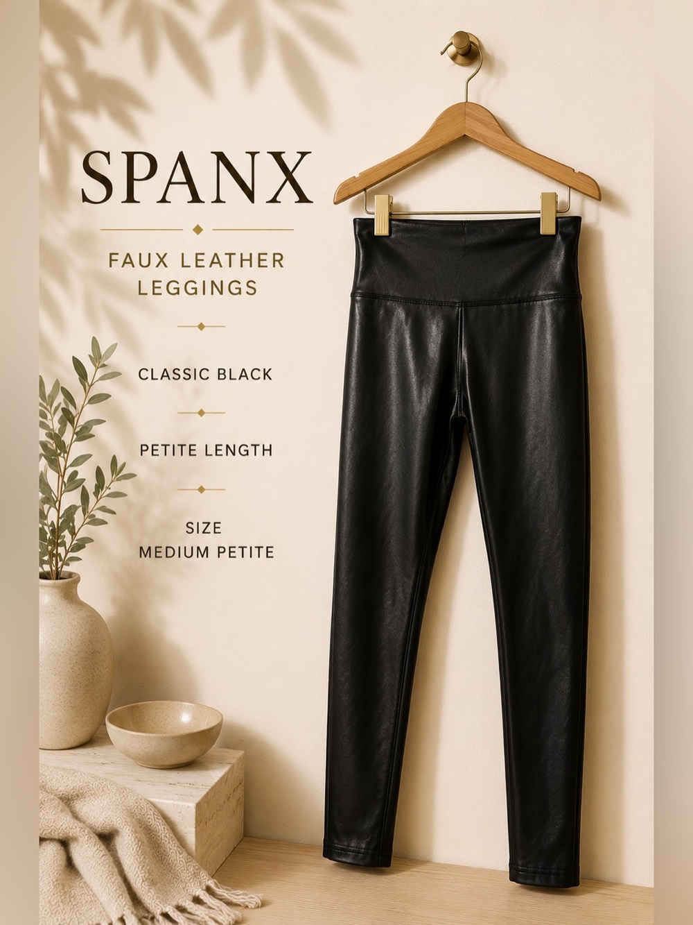 SPANX Black Faux Leather Leggings Size Medium Petite